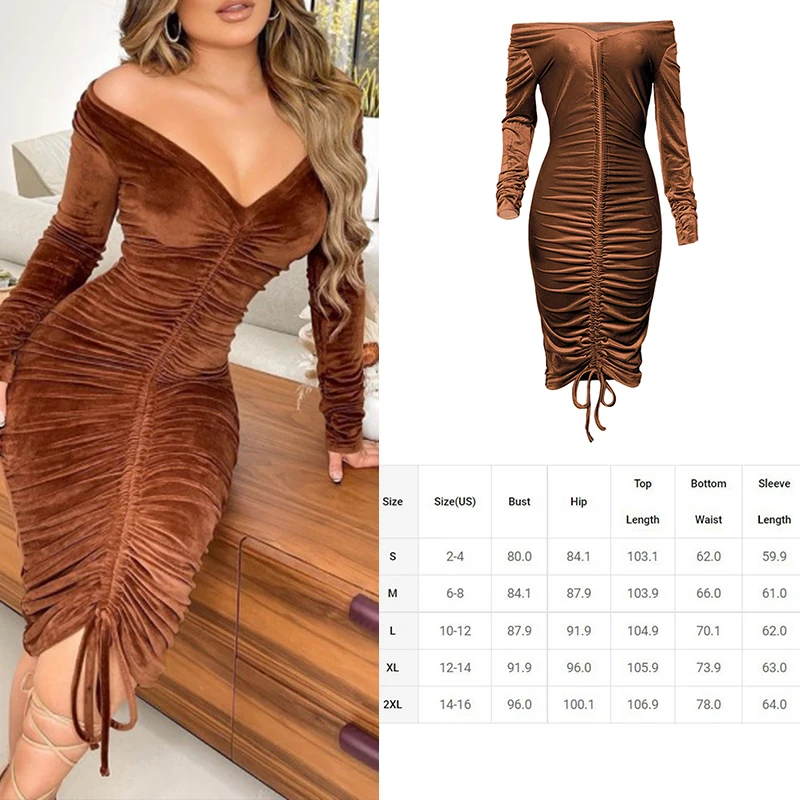

Off Shoulder Elegant Dress Women 2022 Sexy Velvet V Neck Drawstring Long Sleeve Slim Bodycon Party Evening Midi Dresses Black