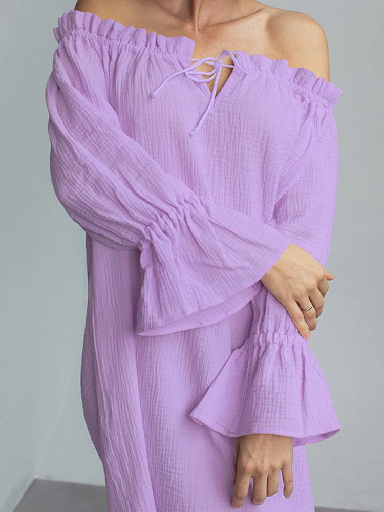 

NHKDSASA осенние хлопковые тонкие ночные рубашки для женщин новая ночная рубашка с длинным рукавом Свободная фиолетовая Ночная одежда женская ночная одежда