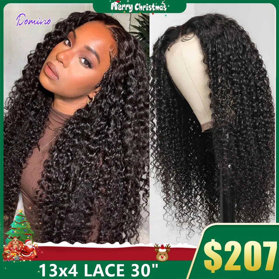 DOMINO Kinky Curly Frontal Wigs Human Hair 28 Inch Brazilian Lace Front Wigs For Women Curly Hair Transparent Lace Closure Wig