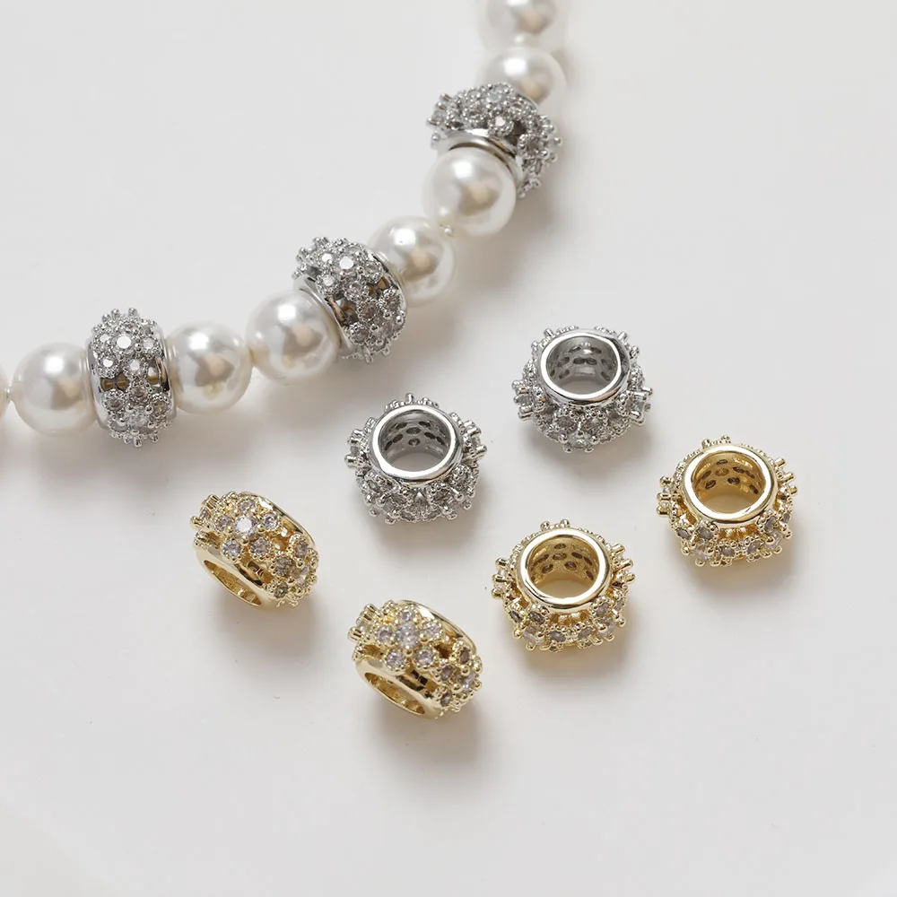 

2PCS 14K Real Gold Plated Oblate Zircon Flower Bead Spacer Jewelry DIY Handmade Bracelet Material Accessories