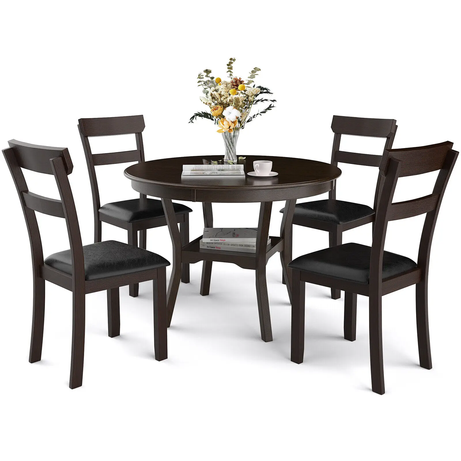 

Costway 5-Piece Dining Table Set Round Solid Rubber Wood Kitchen W/Dining Table&4 Chairs