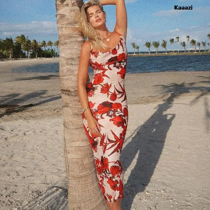 

Trend Floral Print Draped Backless Maxi Straps Slip Dress Summer Outfits For Women Club Party Vestido Sleeveless Long Dresses