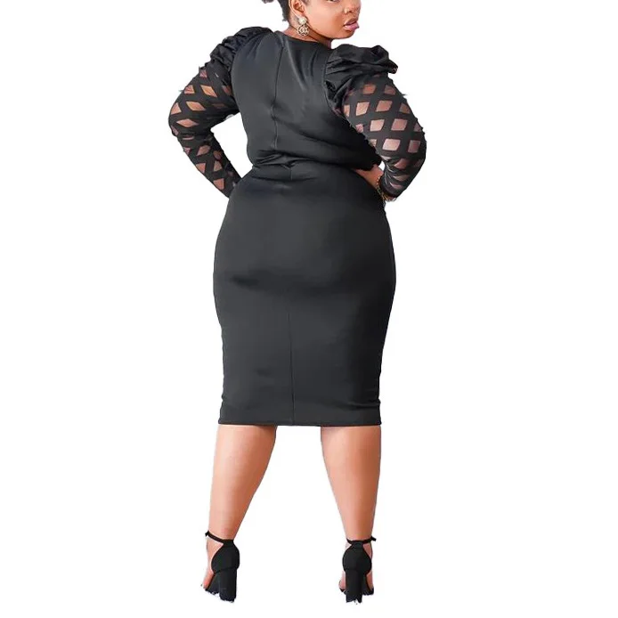 Plus Size Dresses for Women Black Large Bodycon High Waisted Full Sleeve Round Neck Mid Calf Elegant Oversized Autumn Dress Big