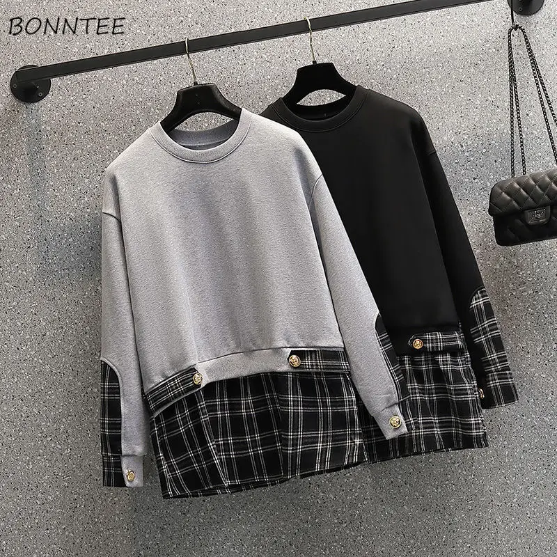 

Sweatshirts Women Patchwork Plaid Korean Style Long Sleeve O-neck Fashion All-match Sporty Street Wear Chic Cozy New Arrival Ins