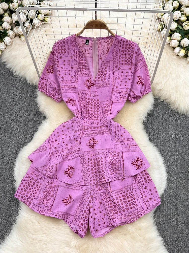 

Summer Vintage Women Printed Playsuits Elegant V-Neck Short Sleeve High Waist Ruffle Wide Leg Jumpsuits Female New Fashion