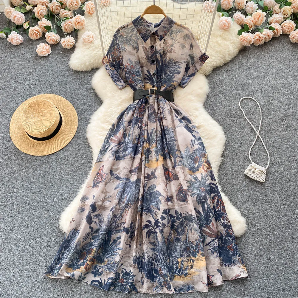 

Court Style Women Chiffon Dress French Elegant Temperament Lapel Floral Printed Dresses Summer HIgh Waist A-Line Midi Vestidos
