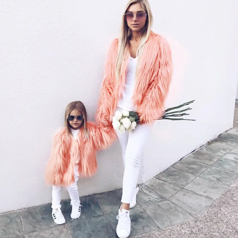 Faux Fur Coat Women Family Matching Clothing Mother Daughter Tassels Fleece Jacket Autumn Winter Thick Warm Vintage Top