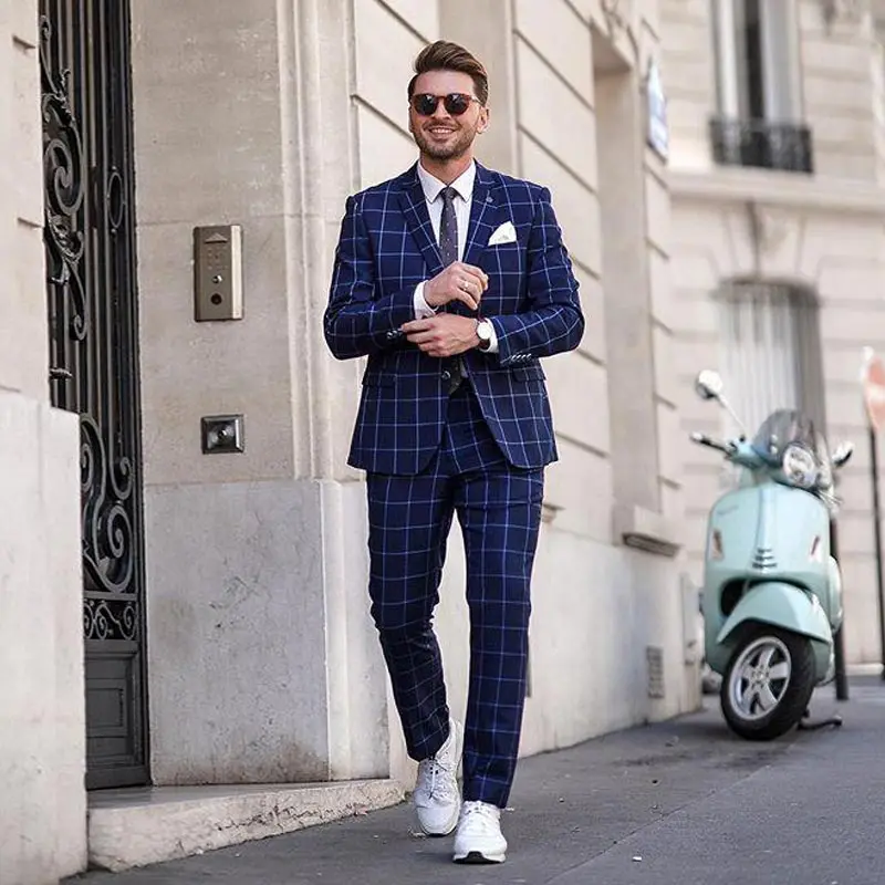 

Navy Blue Checked Men's Suit Notched Lapel Blazers Slim Fit Wedding Male Tuxedos Groom Wear 2 Piece Set Prom Jacket & Pants