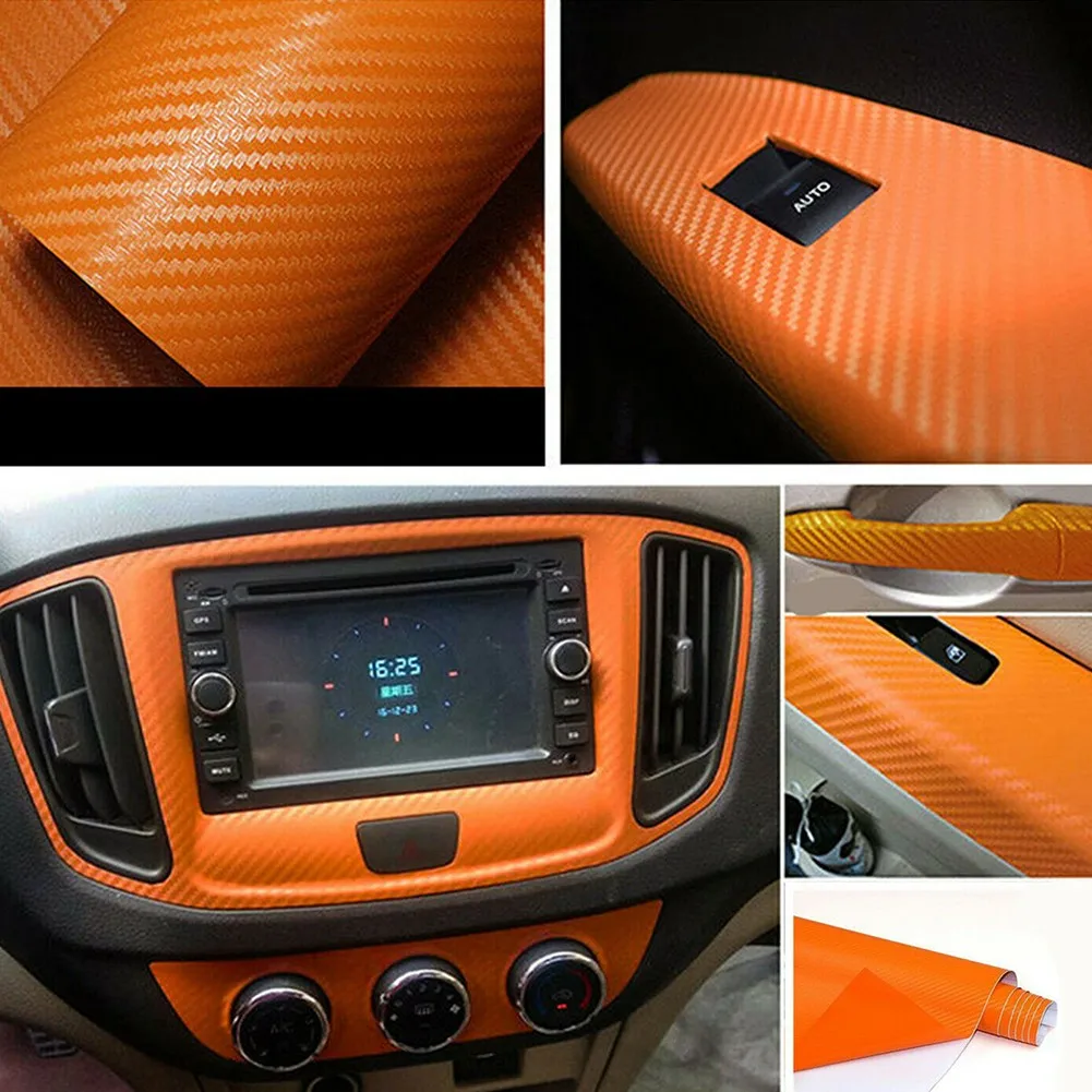 

High Quality 100% New Durable Car Sticker 50x12Inch Accessories Carbon Fiber Easy To Use Interior Panel Orange