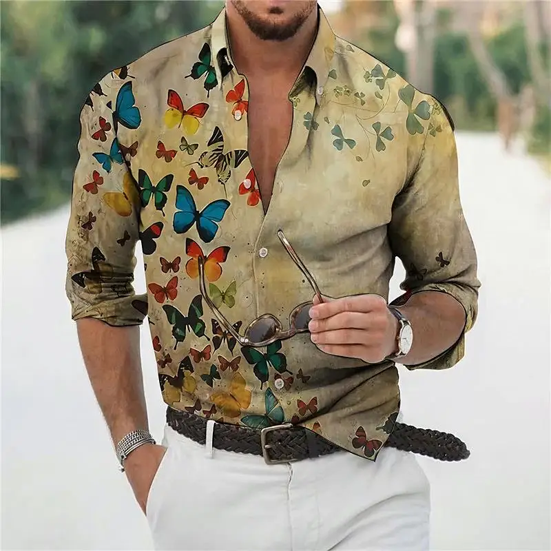 2022 Hawaiian Butterfly Shirts For Men 3d Long Sleeve Flower Shirt Beach V-neck Oversized Tops Tee Shirt Homme Summer Clothing