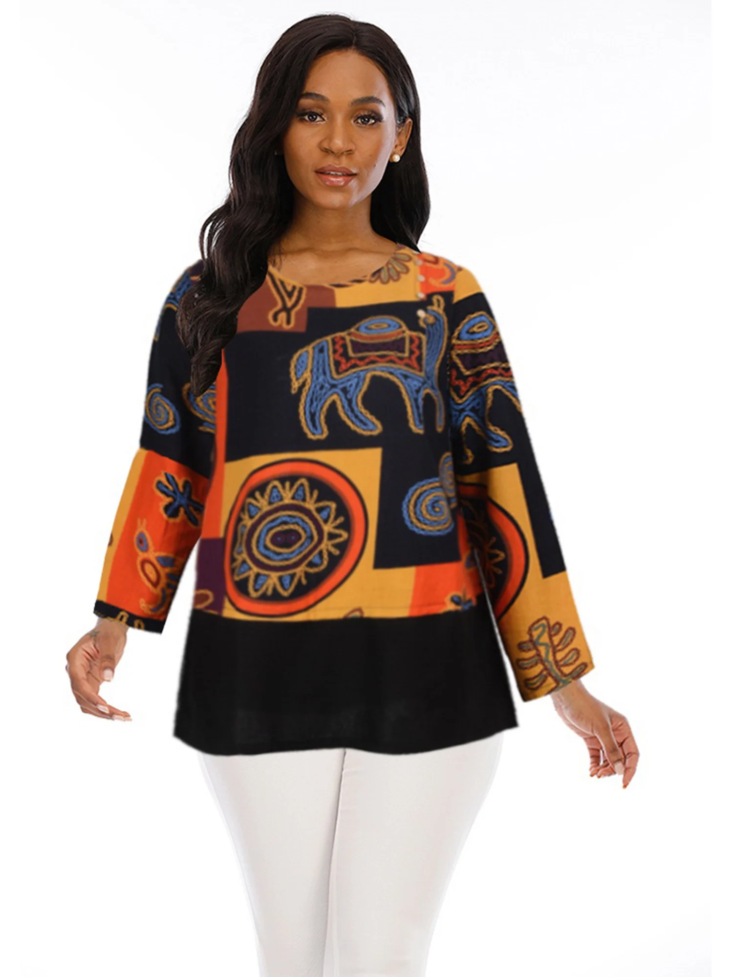 

Retro Style Fashion Women Tops Vintage Round Neck Loose Soft T Shirt Female Long Sleeve Ladies Tees Party Printing Pullover