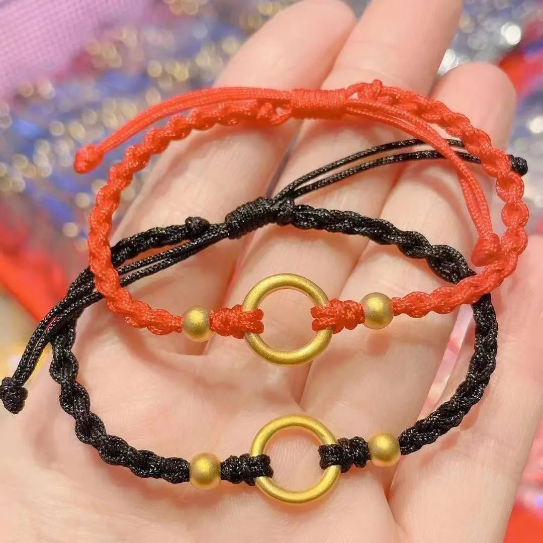 

Pure 24K Yellow Gold Bracelet For Women Men 3D Lucky Circle Gold Bead Red String Handmade Bracelet 16-18cm Length
