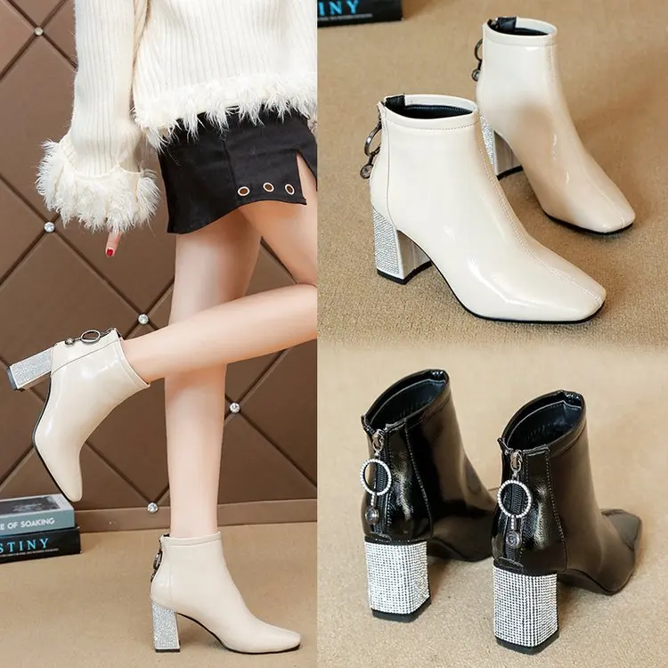 

Square Toe Short Boots Woman 2022 Fall/Winter Shoes Women High Heeled Boots Rhinestone Chunky Heel Female Booties Large Size