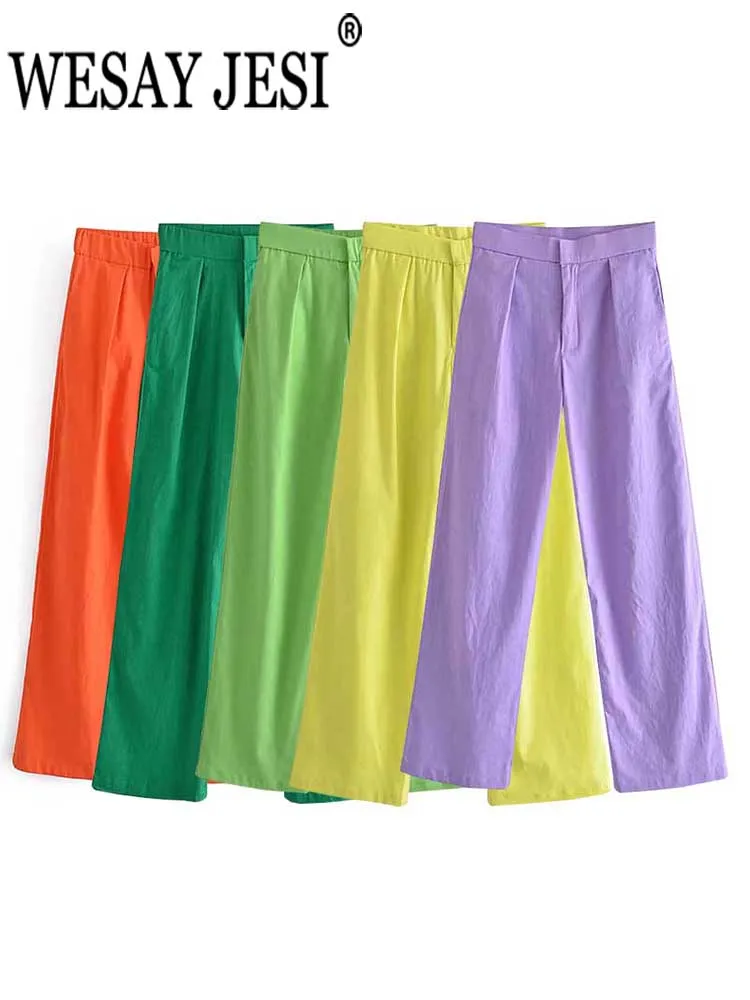 

WESAY JESI Women Trousers High Waist Zipper Fashion Solid Many Colors All-match Imitation Linen Fabric Breathable Straight Pants