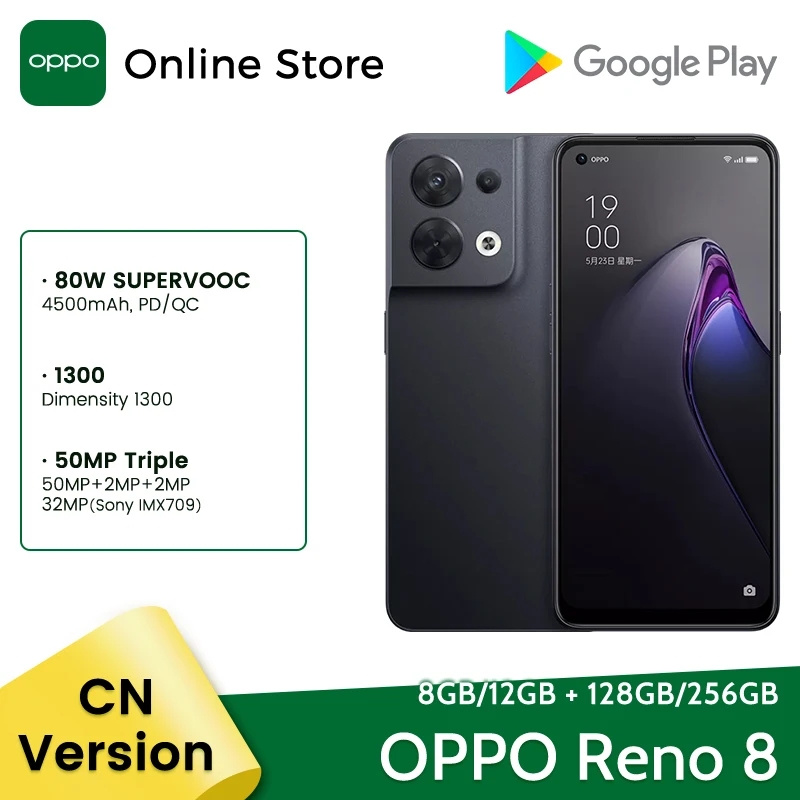 OPPO-Smartphone Reno8 5G, 8GB/12GB, MTK Dimensity 1300, 80W, SuperVOOC, cámara Triple de 50MP, pantalla OLED de 90Hz, Reno 8