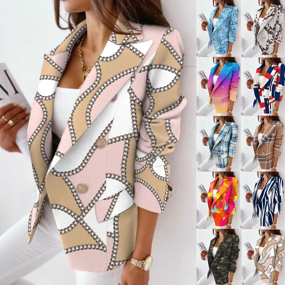

Womens Blazer 2022 Autumn and Winter Explosions Long-sleeved Double-breasted Printed Suit Jacket Blazer Women Cropped Blazer