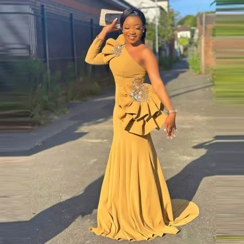 

2022 элегантные длинные вечерние платья Aso Ebi на одно плечо с длинными рукавами и оборками, плиссированные со шлейфом, с бусинами, официальное ...