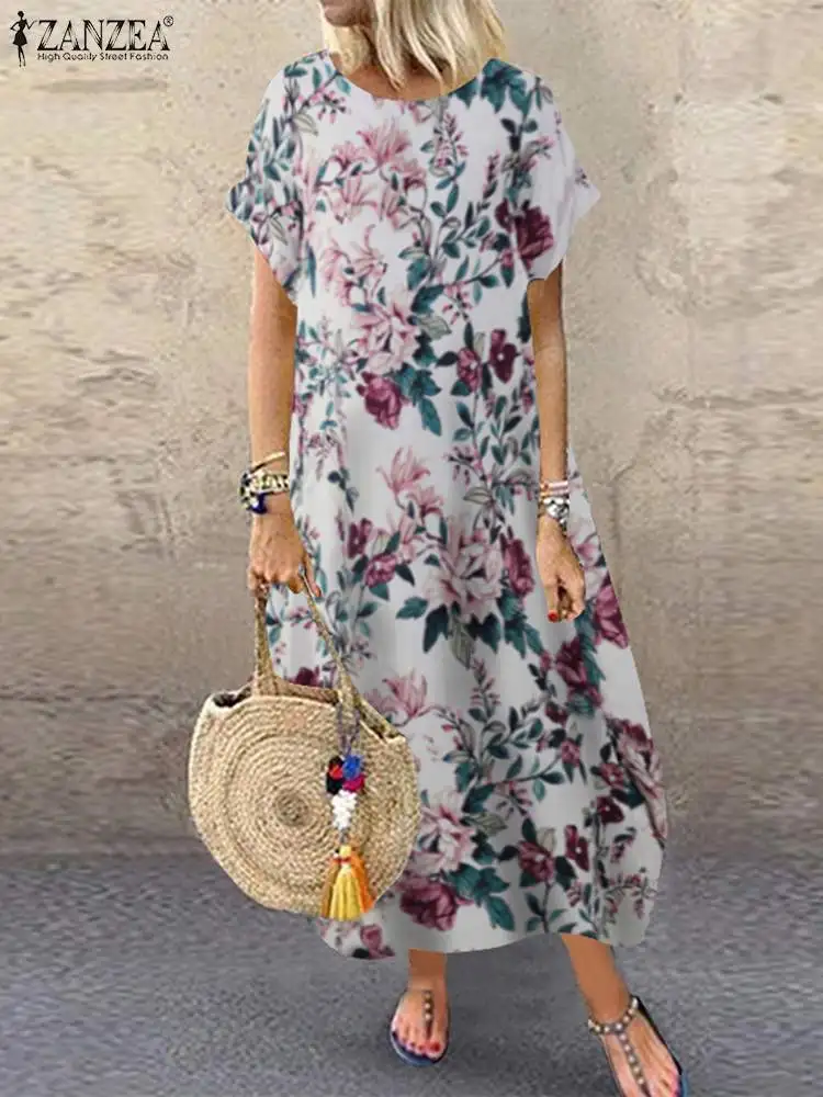 

2023 ZANZEA Summer Casual Holiday Loose Dress Elegant Midi Robe Bohemian Floral Printed Vestidos Short Sleeve O-Neck Sundress