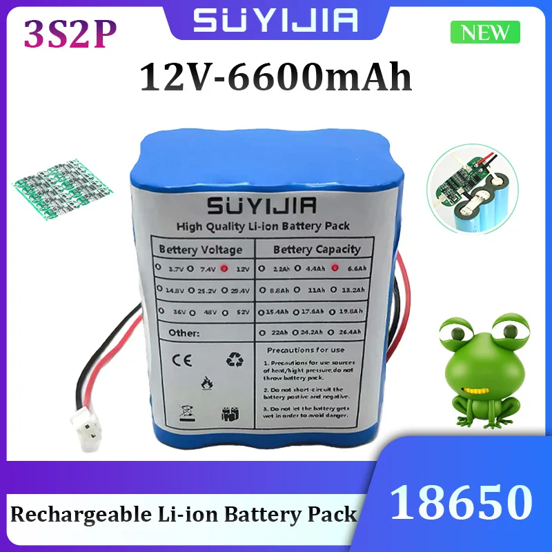 

New 12V 6600mAh 3S2P Battery 18650 Rechargeable Li-ion Battery with Built-in BMS Protection Board for LED Emergency Power Supply