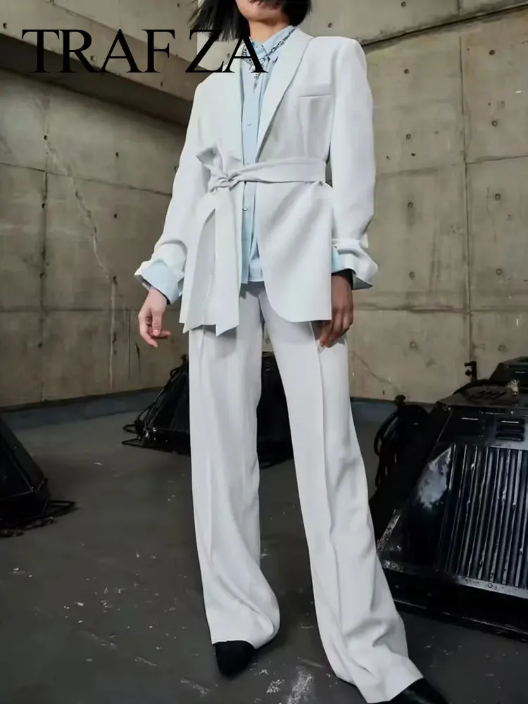 

TRAFZA Women Elegant Solid 2 Piece Sets Long Sleeve Belt Blazer Coat + High Waist Zipper Fly Trousers Office Lady Pant Suits