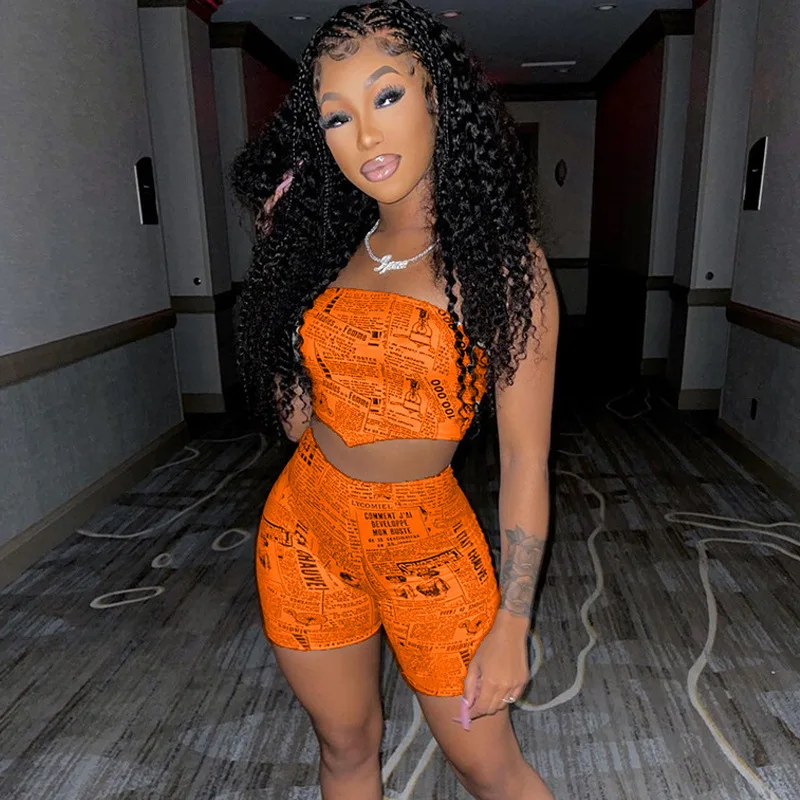 

Women Letter Print Skinny 2-Piece Suit Women Off-Shoulder Backless Slash Neck Strapless Top High Waist Straight Shorts Suit