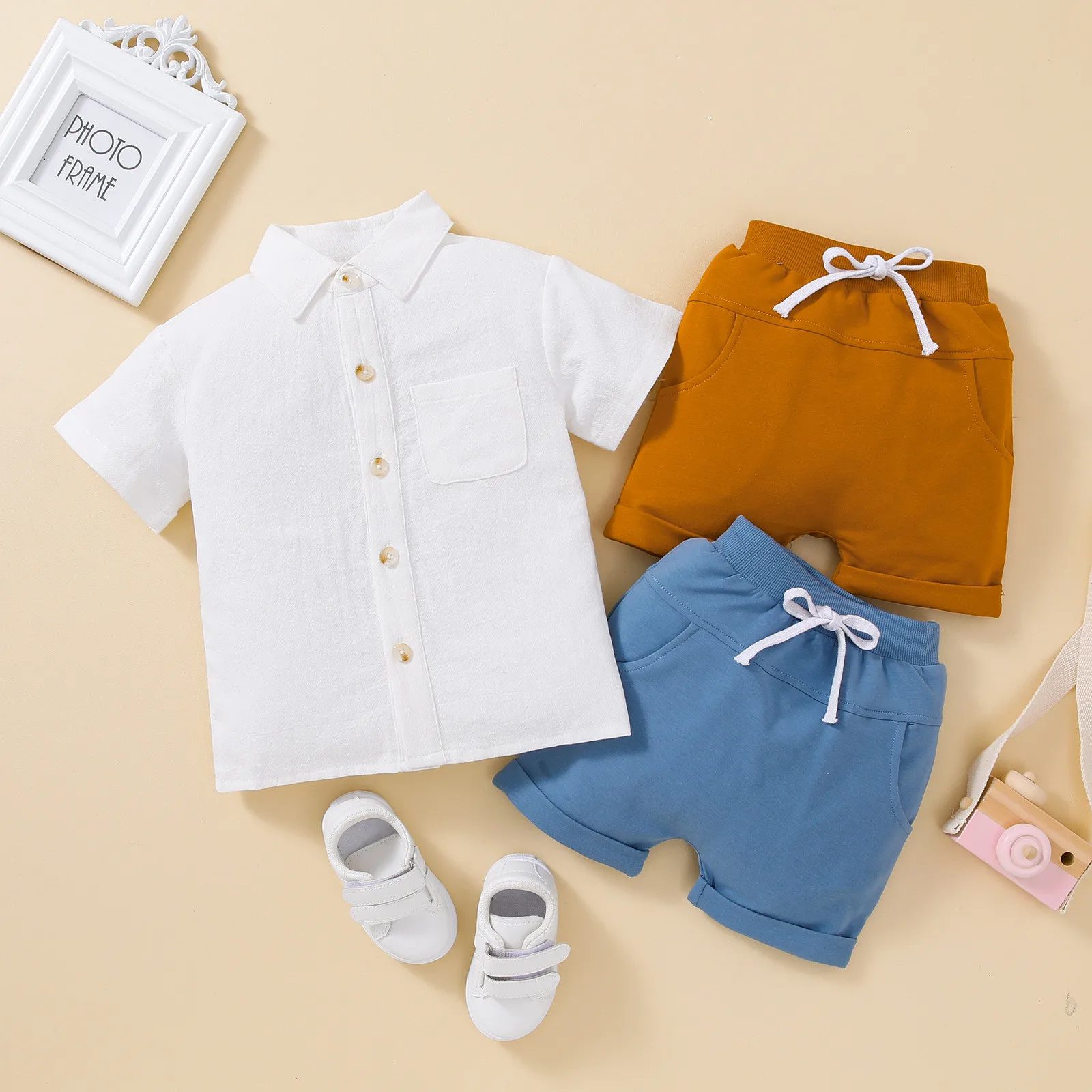 

1 2 3 4Y Kids Boys Summer Clothes Set Toddler Solid Short Sleeve Lapel Button Shirts+Drawstring Shorts Children Casual Outfits