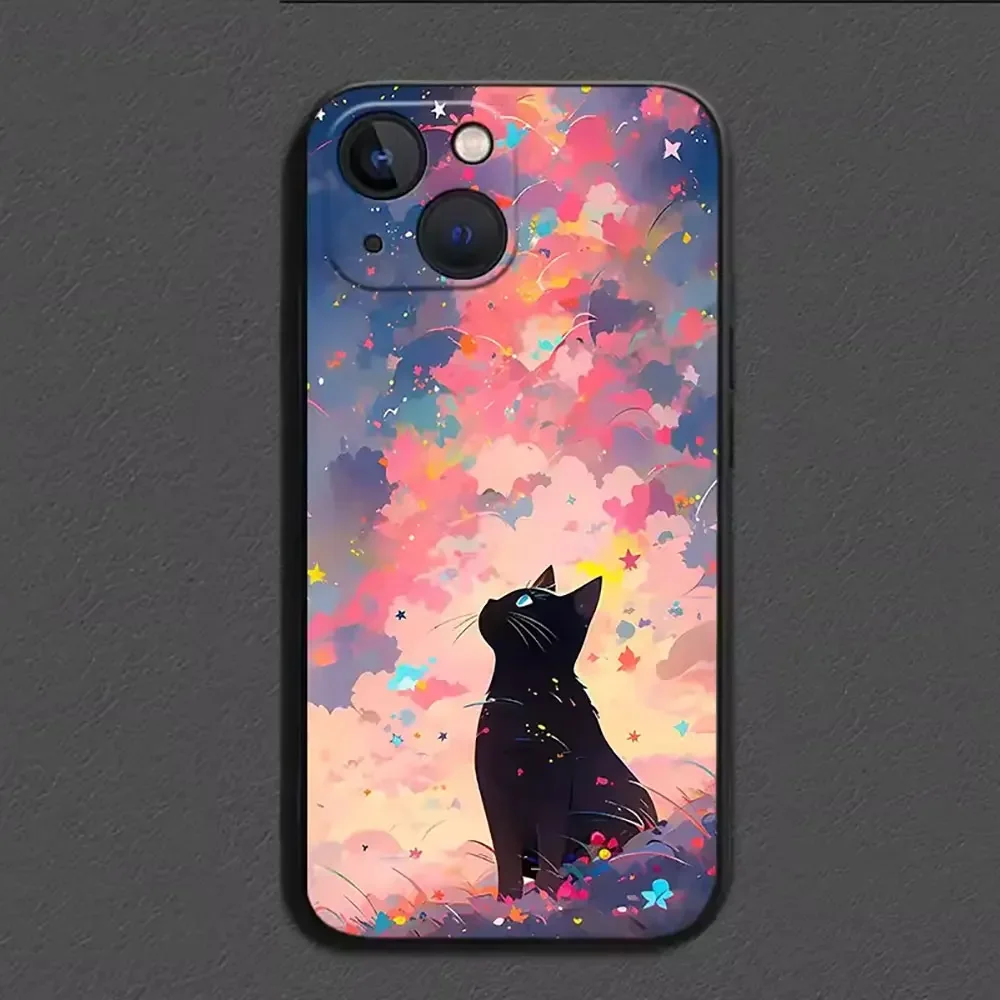 Художественный чехол для телефона Black Cat Starry Night iPhone 16 15 14 13 12 11 Pro Max Mini X XS MAX 7 8 Plus