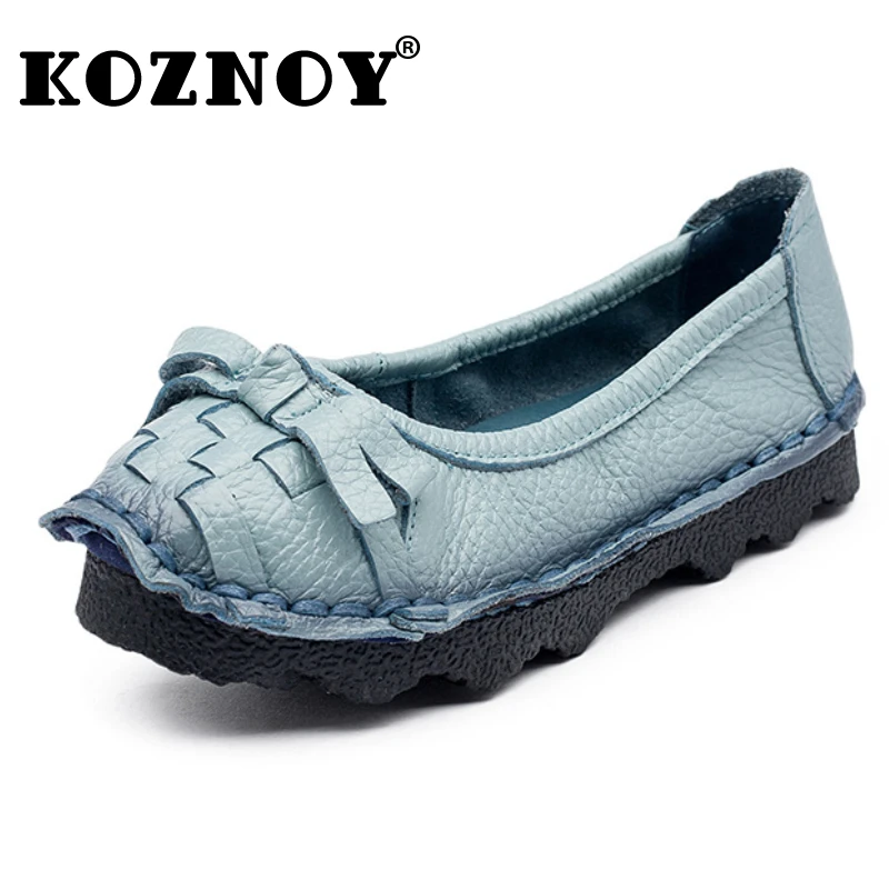 

Koznoy 3cm Ethnic Retro Manual Checkered Weave Genuine Leather Butterfly Knot Summer Women Flats Mother Soft Moccassins Shoes