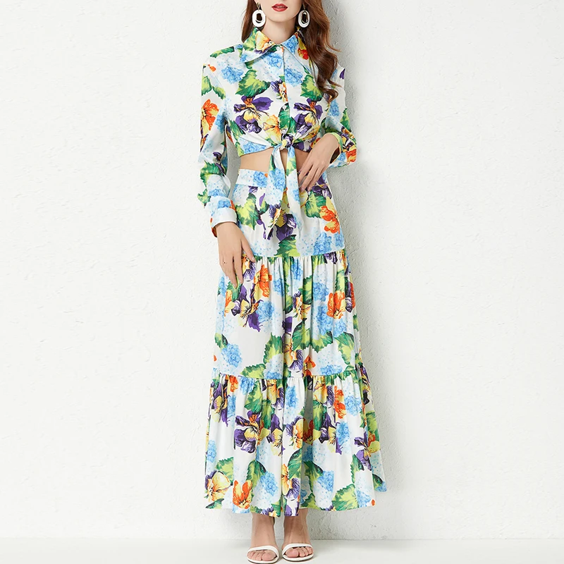 

Summer Women Two Piece Set Long Sleeve Bow Lace Up Floral Print Crop Shirts Tops And Long Skirt Suit Lady Elegant 2 Piece Set