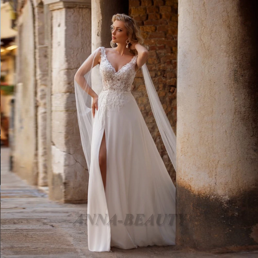 

Anna Bohe Sleeveless Wedding Dresses A-Line Slit Chiffon Pleats with Cape Zipper V-neckline Appliques Vestido De Novia Femenino