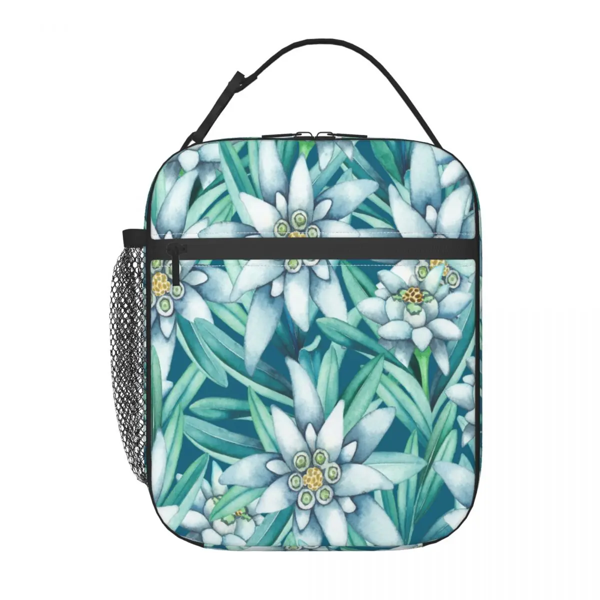 

Lunch Bag Insulated Bag Watercolor Edelweiss Flowers And Leaves Portable Shoulder Picnic Thermal Fruit Bag For Work