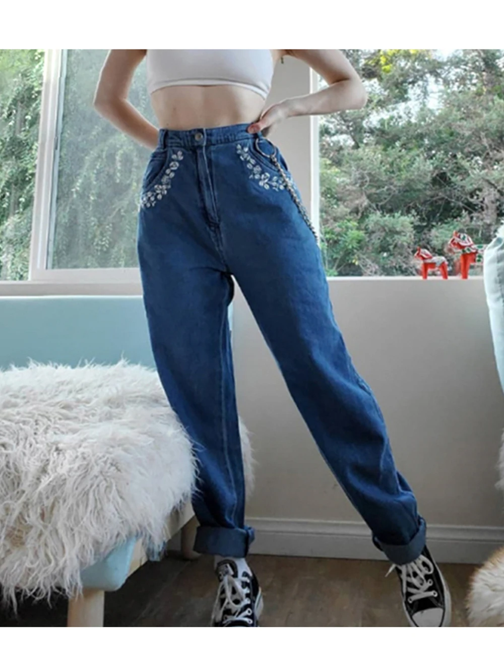 

Charmingtrend Women embroidered jeans Chic 2022 New Mid-waist Pocket Casual Denim Pants Straight Girl Jeans Trousers Blue