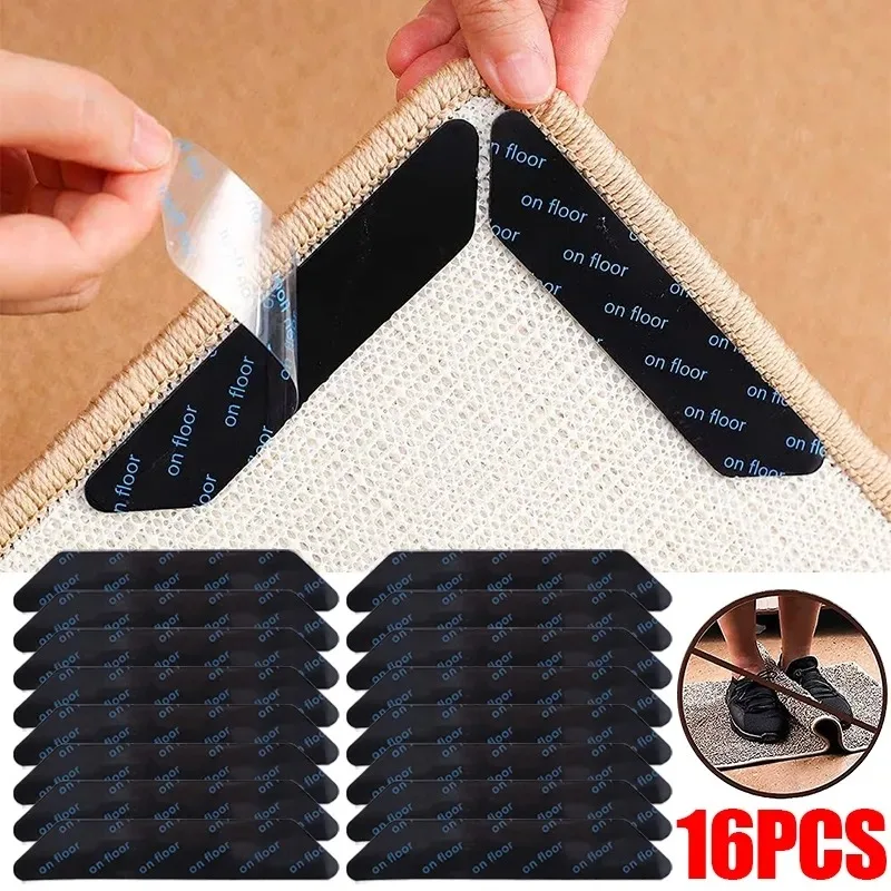 

16/8pcs Carpet Non-slip Sticker Reusable Washable Anti Curling Carpet Patch Fixed Stickers Floor Rug Mat Tape Gripper Corner Pad