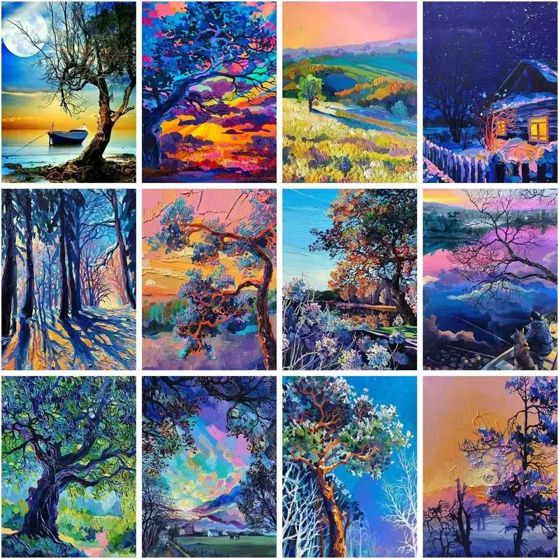 

CHENISTORY Oil Painting By Number Abstract Colored Tree Landscape Handpainted Kits Drawing Canvas DIY Pictures Home Decoration A