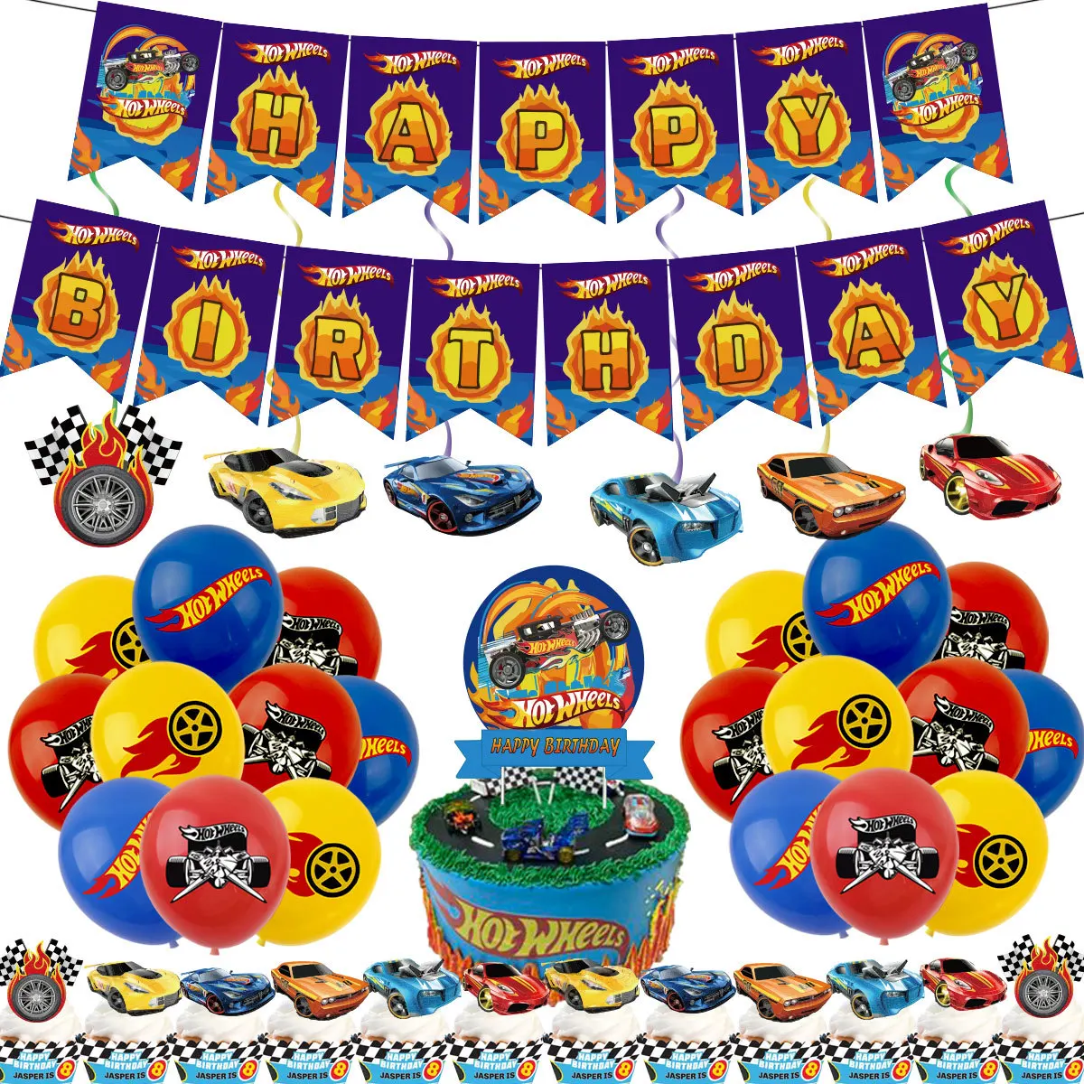 38Pcs Hot Wheels Party Supplies Racing Car Balloon Happy Birthday Banner Cup Cake Topper Children Birthday Gift Decorations