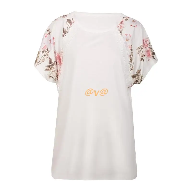 

Womens Blouse Batwing Short Sleeve Floral Print T-Shirt Lace Patchwork Comfy Casual Loose Pullover Tunic Tops Streetwear