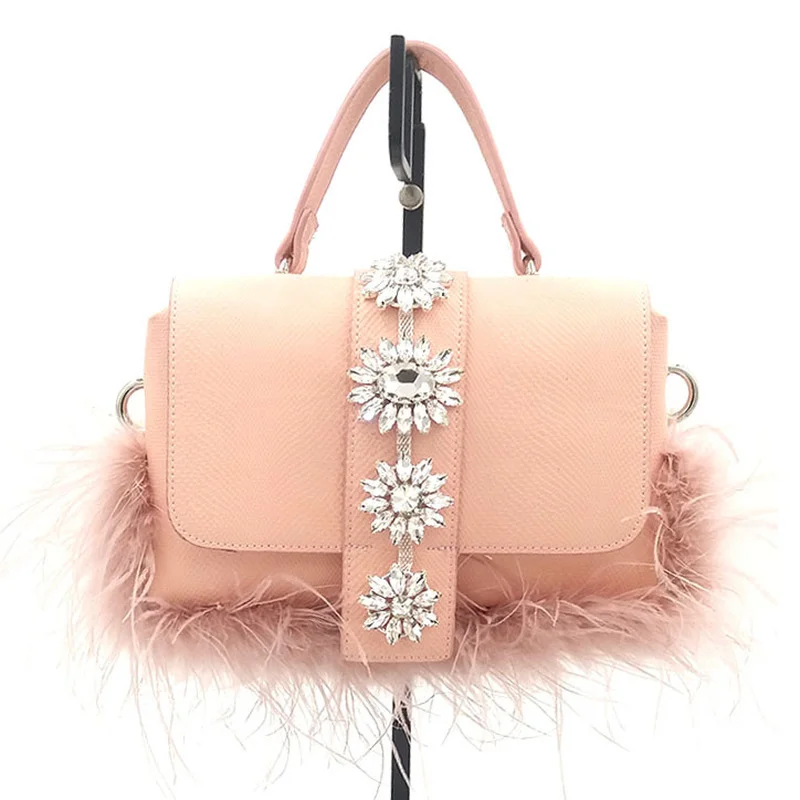 

Luxury Fur Handbag Women Thailand Niche Brand Satchels Bag 2022 New Fashion Rhinestone Feather PU Bag Cute Crossbody Bag Woman