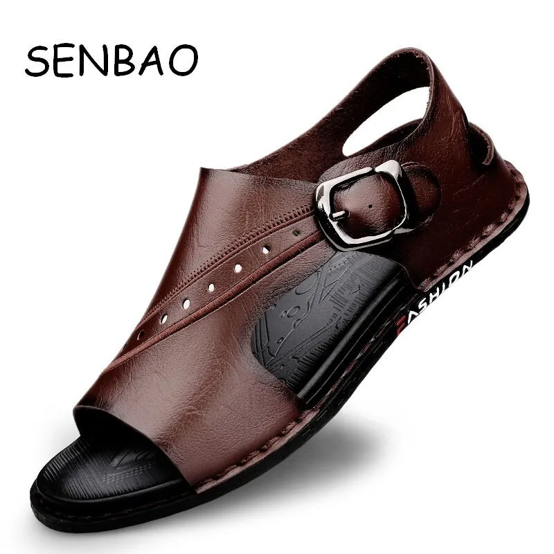 

SENBAO Mens Sandals Comfort Genuine Leather Summer High Quality Handmade Beach Slippers Casual Footwear Outdoor Beach Shoes