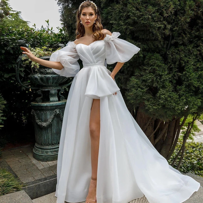 

Eightree White A-Line Wedding Dresses Sweetheart Puff Sleeve Dress Sweep Train High Split Wedding Evening Prom Gowns Custom Size