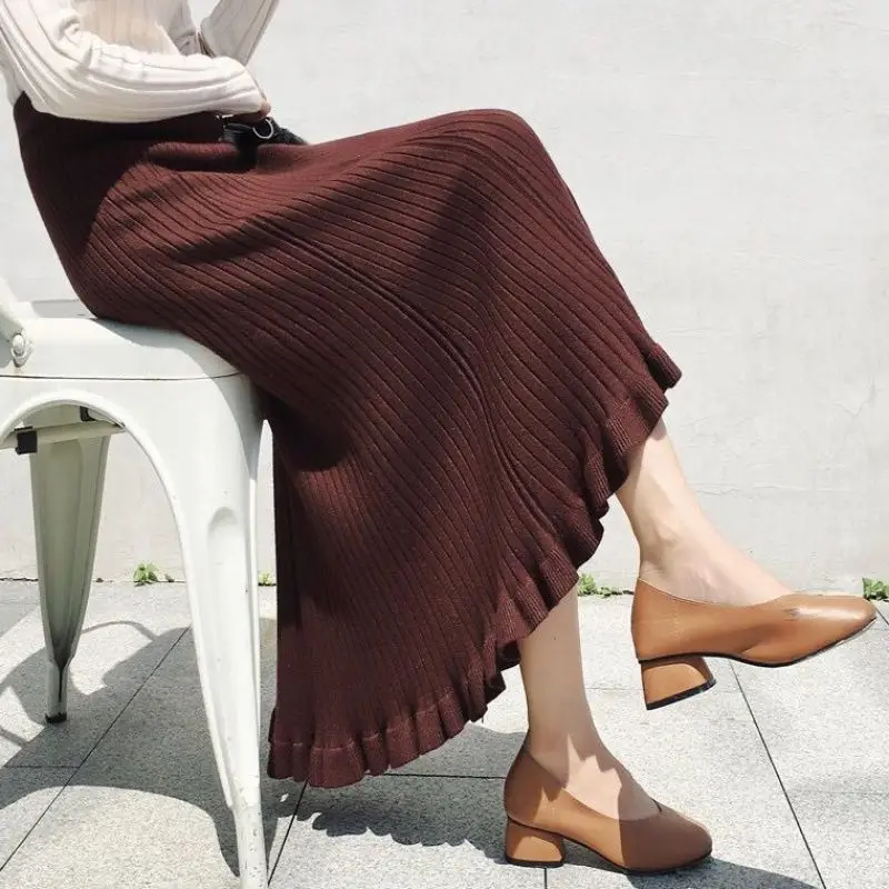 

2023 New Solid Casual Knitted Skirt Vertical Striped Female Women'S Skirts Clothes Winter Autumn High Waist Streetwear T166