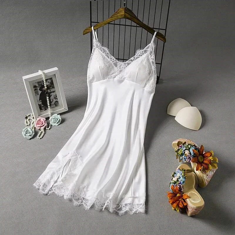 

Women's V-Neck Solid Nightdress Sexy Sling Lace Spliced Nightgowns Dress Spaghetti Strap Cool Thin Sleepwear Chest Pad