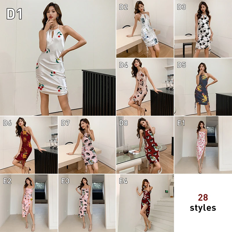 Women Sexy Suspender Dress Satin Summer Nightgown Silk Split Drawstring V Neck Medium-long Nightdress Print/Soild Home Clothes