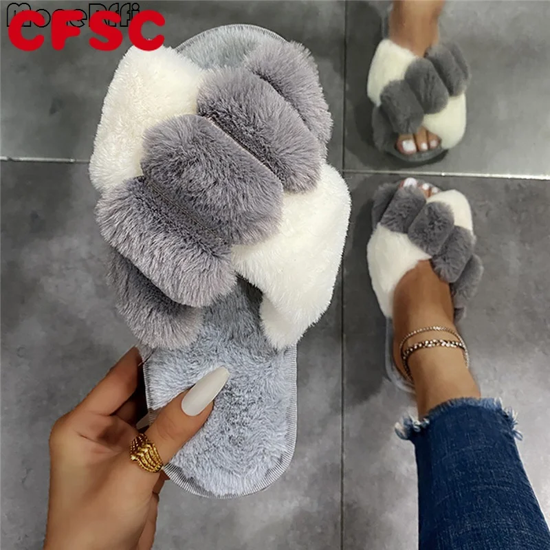

Шлепанцы женские зимние с мехом, Сланцы на платформе, плоская подошва, сланцы, модные пушистые меховые тапочки, 2022