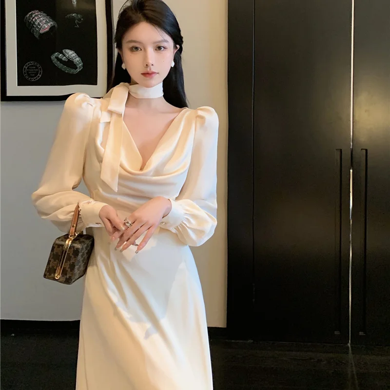 

New French Retro Sexy Swing Collar Satin Long Sleeve Dress High Waist Puff Sleeve Long Skirt Women Evening Dresses Long Luxury