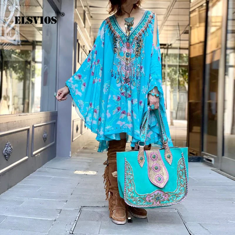 

Модное женское богемное платье с винтажным принтом, повседневные платья с рукавом три четверти и V-образным вырезом, летние пляжные праздни...