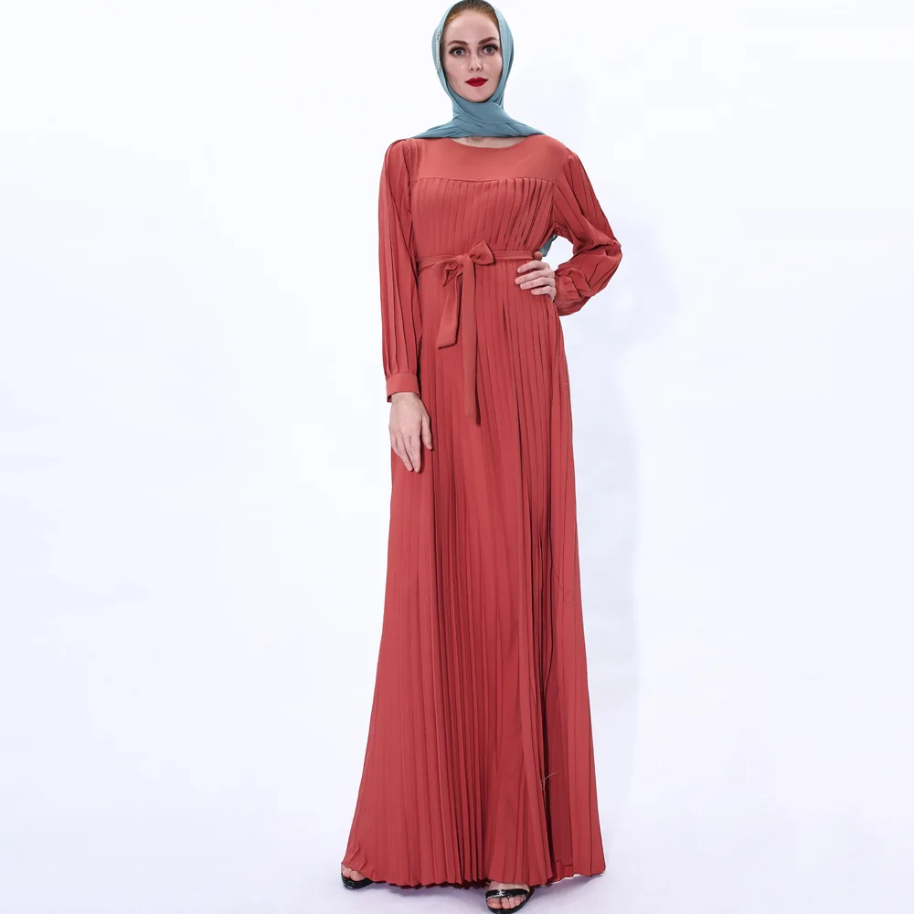 Robe Femme Musulmane Women Pleated Muslim Dress Islamic Ramadan Dress Belt Abaya Dubai Abaya Turkey Muslim Fashion