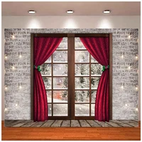 Winter Christmas Red Curtain Window Photography Backdrop Glitter Lights Brick Wall Snowflake Tree Background Brown Wood Floor