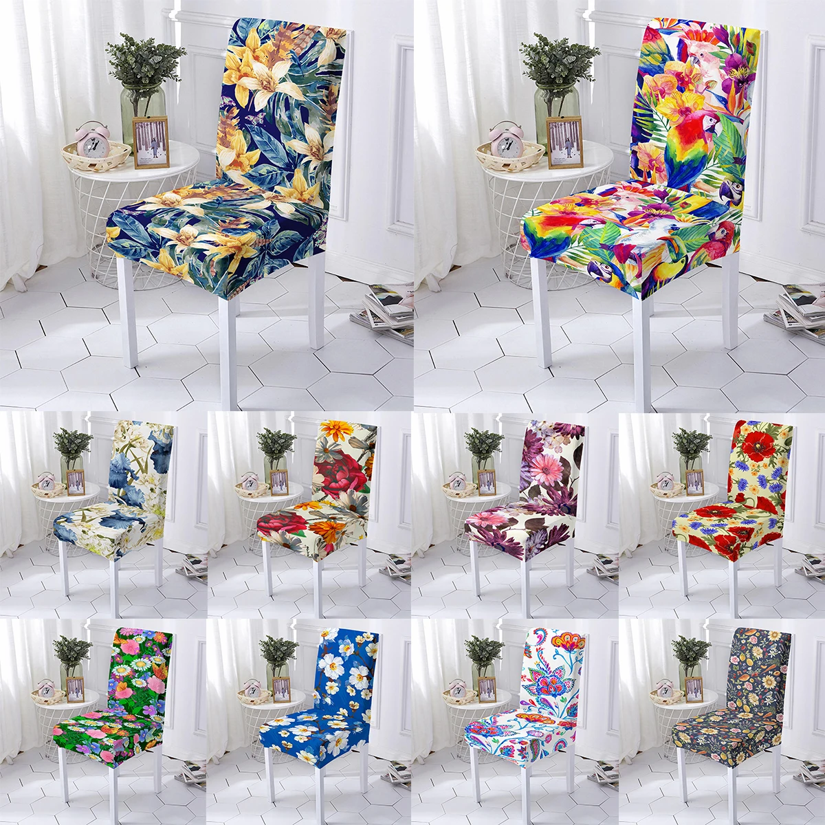 

Flowers And Birds Printed Elastic Chair Cover Stretch Spandex Seat Chair Covers Universal Sizes Chair Slipcovers For Dining Room