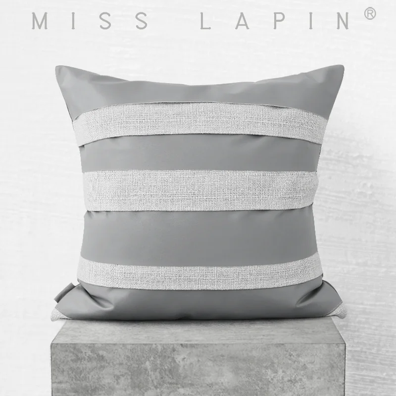 

MISS LAPIN Multi Layers Pu Leather Flaps Gray Designer Throw Pillow Cushion Cover