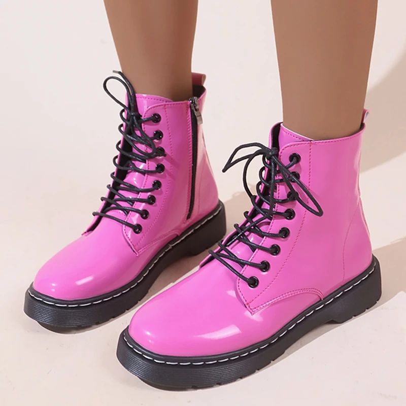 

Autumn Women PU Leather Boots Punk Lace Up Platform Chelsea Boots Motorcycle Short Boots Female Casual Solid Zipper Shoes 35-40